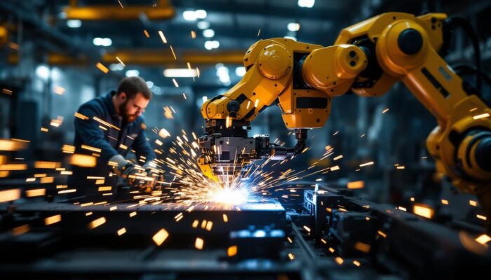 A photograph of a robotic welding machine in action