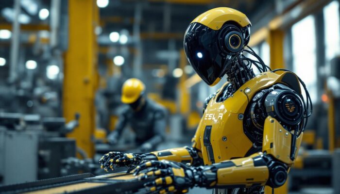 A photograph of a tesla humanoid robot in a dynamic industrial setting