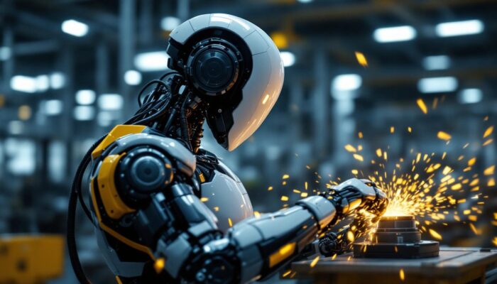 A photograph of a sleek industrial robot in action