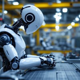A photograph of a sleek industrial robot in action on a factory floor