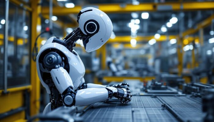 A photograph of a sleek industrial robot in action on a factory floor