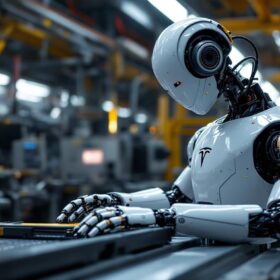 A photograph of a tesla robot in an industrial setting