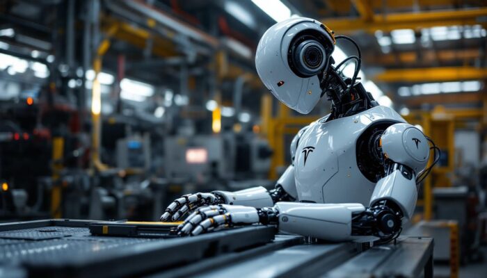 A photograph of a tesla robot in an industrial setting