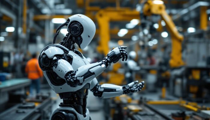 A photograph of a sleek industrial robot in action on a factory floor