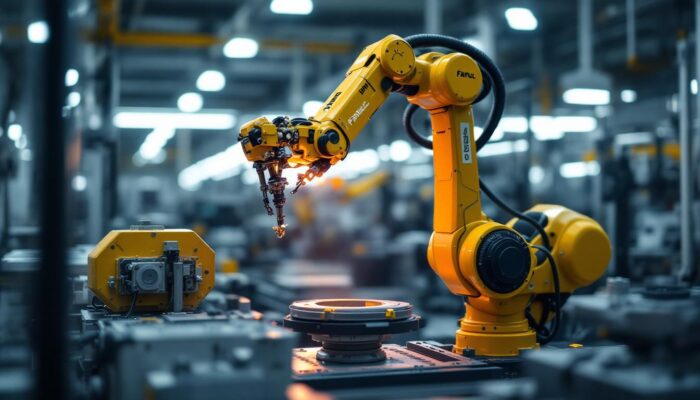 A photograph of a fanuc industrial robot in action on a factory floor