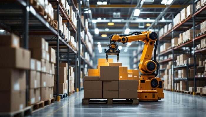 A photograph of a modern warehouse setting featuring a robotic arm efficiently palletizing boxes