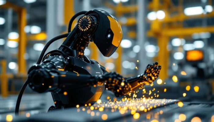 A photograph of a tesla optimus industrial robot in action