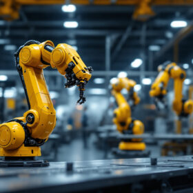 A photograph of a spot industrial robot in action within a manufacturing environment