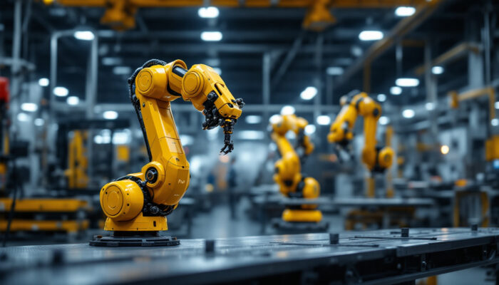 A photograph of a spot industrial robot in action within a manufacturing environment