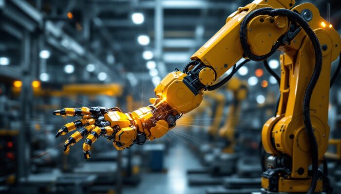 A photograph of a dynamic industrial robotic arm in action