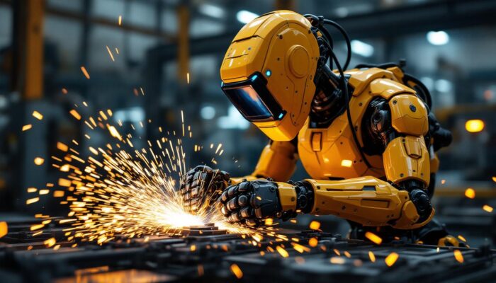 A photograph of a welder robot car in action