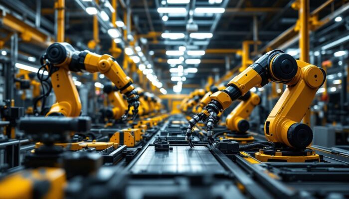 A photograph of a dynamic industrial setting featuring advanced robotics in action