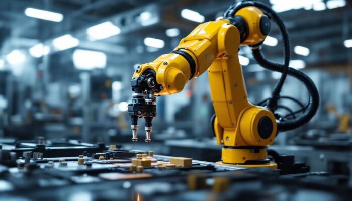 A photograph of a pneumatic robotic arm in action within an industrial setting