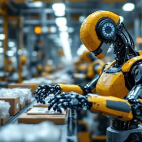A photograph of a modern industrial robot in action