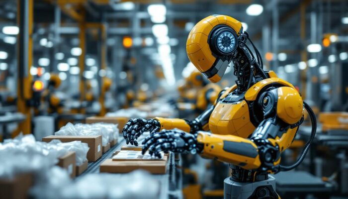 A photograph of a modern industrial robot in action