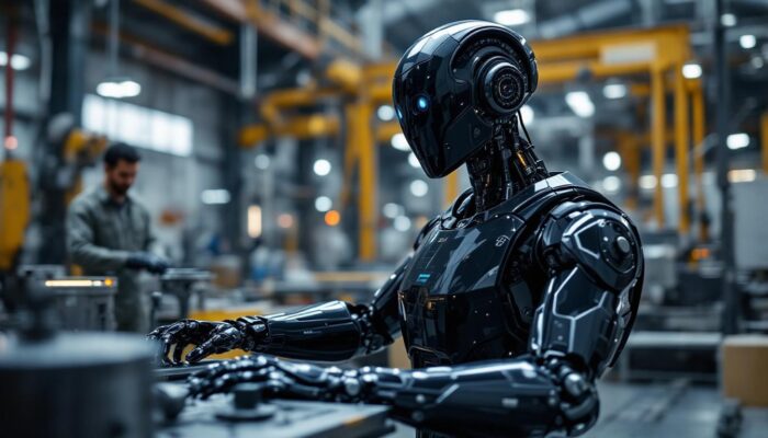A photograph of a tesla bot in an industrial setting