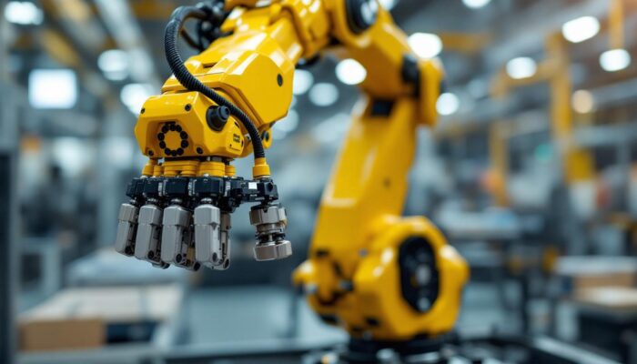 A photograph of a high-tech industrial robot equipped with a versatile gripper in action