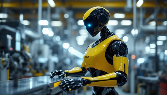 A photograph of a sleek tesla robot in an industrial setting