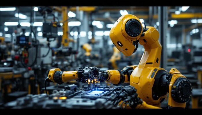 A photograph of a ur20 robot in action within an industrial setting