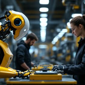 A photograph of a collaborative robot working alongside human operators in an industrial setting