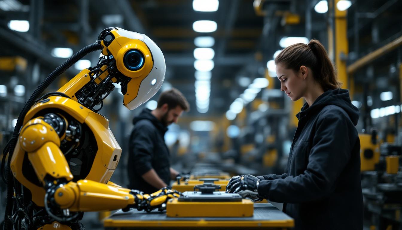 A photograph of a collaborative robot working alongside human operators in an industrial setting