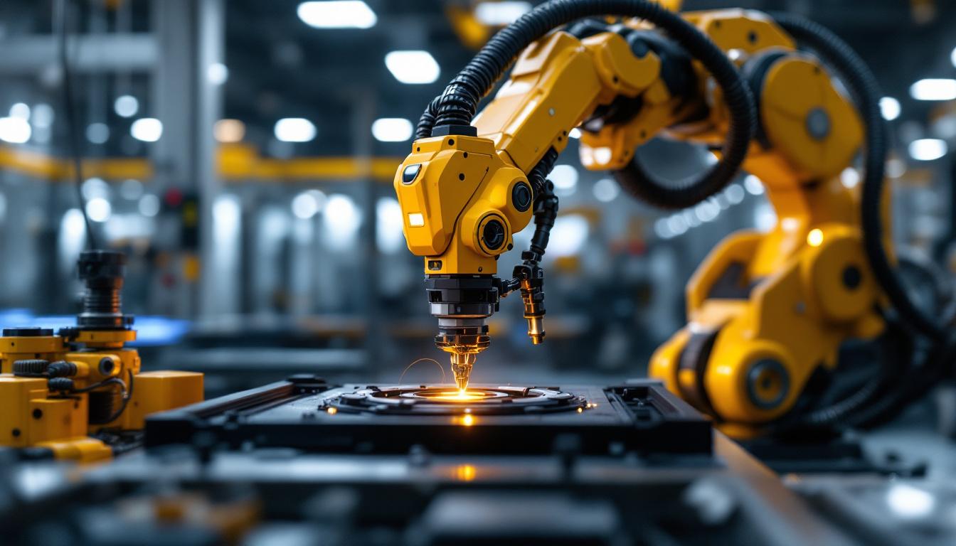 A photograph of a sleek industrial robotic arm in action