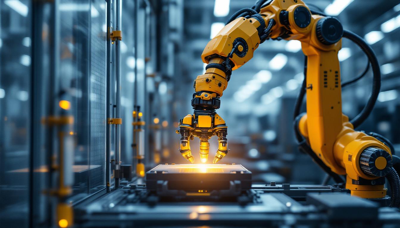 A photograph of a robotic arm efficiently tending to a machine in a modern industrial setting