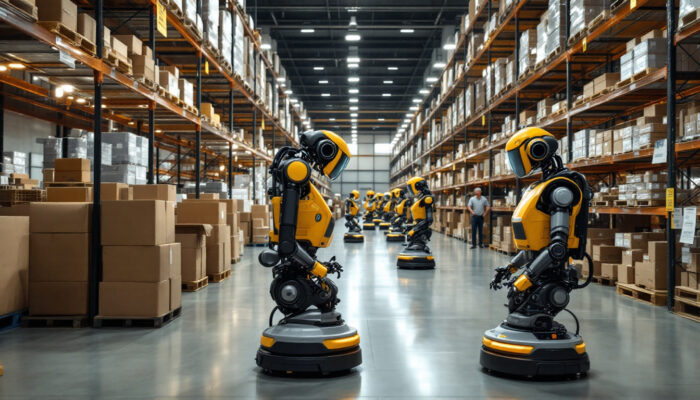 A photograph of capture a photograph of an amazon warehouse showcasing a fleet of industrial robots in action
