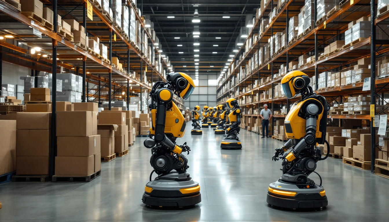 A photograph of capture a photograph of an amazon warehouse showcasing a fleet of industrial robots in action