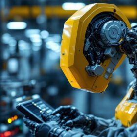 A photograph of a skilled technician programming an industrial robot in a modern manufacturing setting