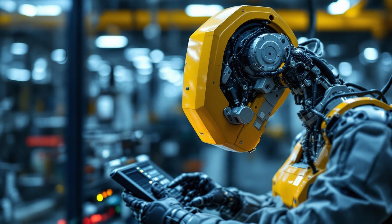 A photograph of a skilled technician programming an industrial robot in a modern manufacturing setting