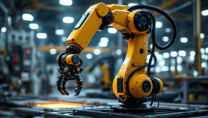 A photograph of a sleek industrial robotic arm in action