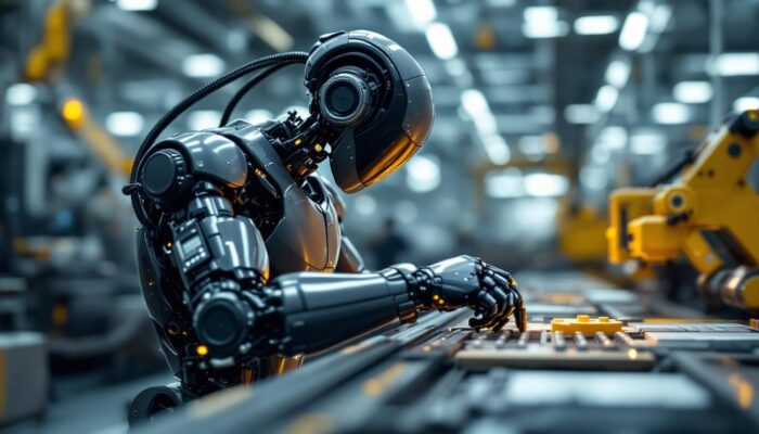A photograph of a sleek industrial robot in action within a modern manufacturing environment
