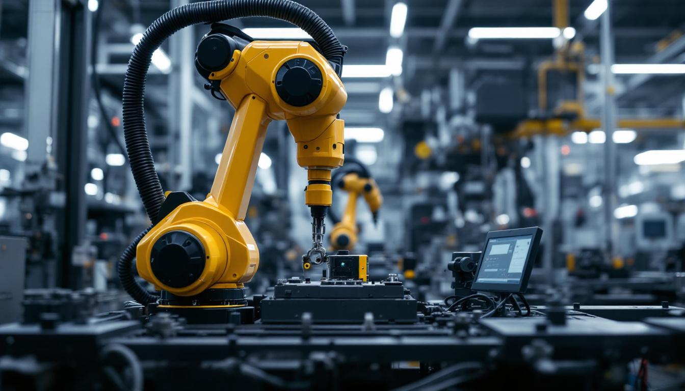 A photograph of capture a photograph of the polyscope x industrial robot in action within a manufacturing environment
