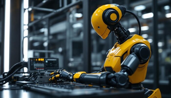 A photograph of a robotic arm efficiently tending to a machine in a modern industrial setting