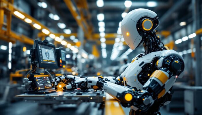 A photograph of a sleek industrial robot in action within a modern manufacturing environment