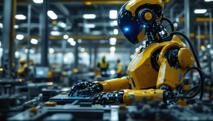 A photograph of a sleek industrial robot in action within a manufacturing environment