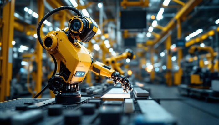 A photograph of a modern industrial robot in action on a factory floor