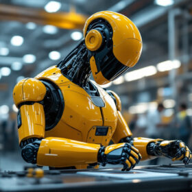 A photograph of a sleek industrial robot in action within a modern manufacturing environment