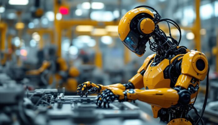 A photograph of a sleek industrial robot in action