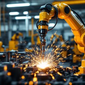 A photograph of a robotic welding arm in action