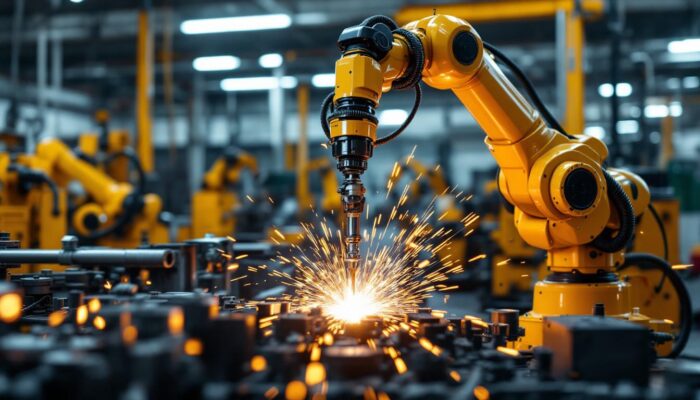 A photograph of a robotic welding arm in action