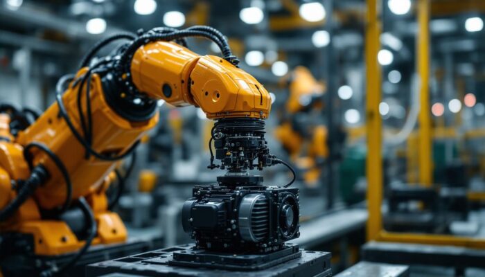A photograph of capture a photograph of a modern industrial robot in action