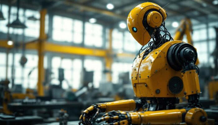 A photograph of a vintage industrial robot in a factory setting