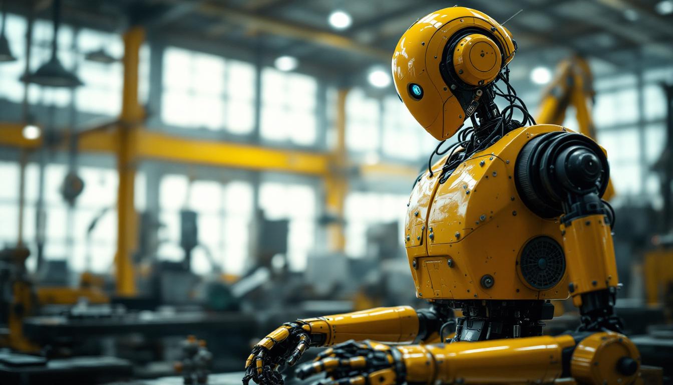 A photograph of a vintage industrial robot in a factory setting