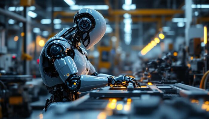 A photograph of a sleek industrial robot in action within a modern manufacturing environment