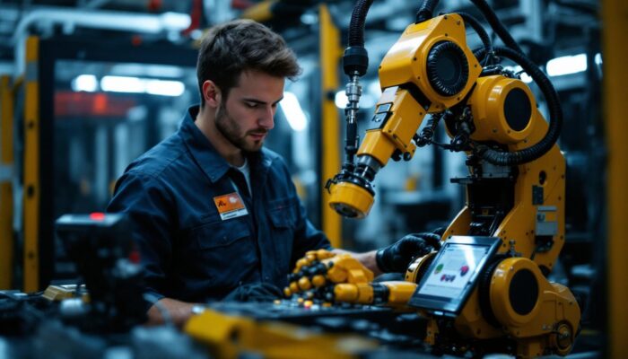 A photograph of a skilled technician programming or operating an industrial robot in a modern manufacturing environment