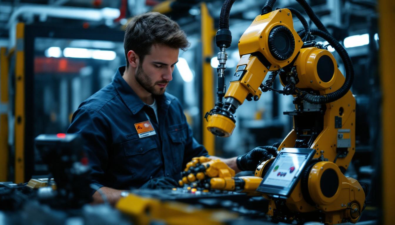 A photograph of a skilled technician programming or operating an industrial robot in a modern manufacturing environment