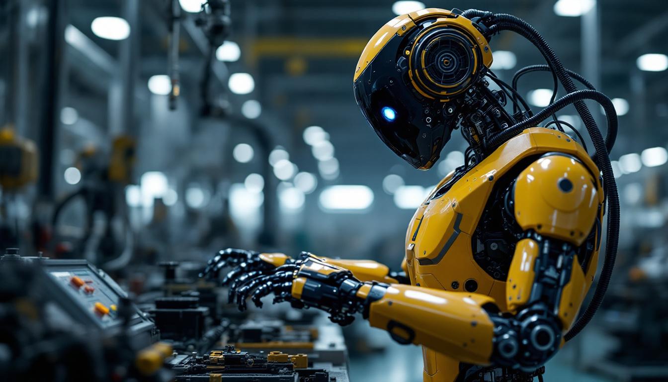 A photograph of a humanoid robot actively engaged in an industrial setting