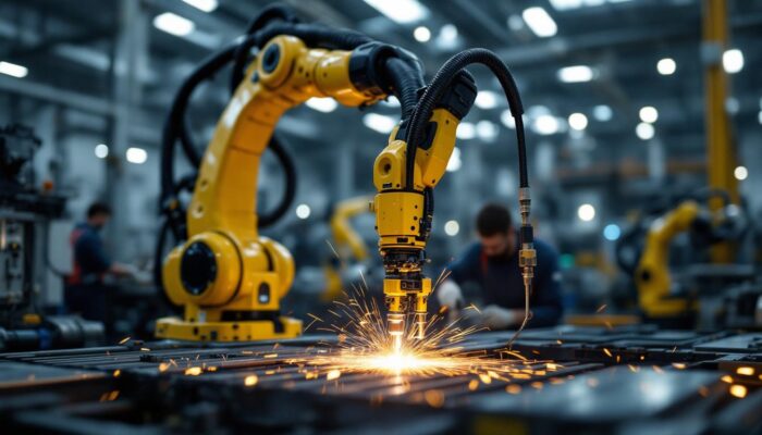 A photograph of a robotic spot welding arm in action within an industrial setting